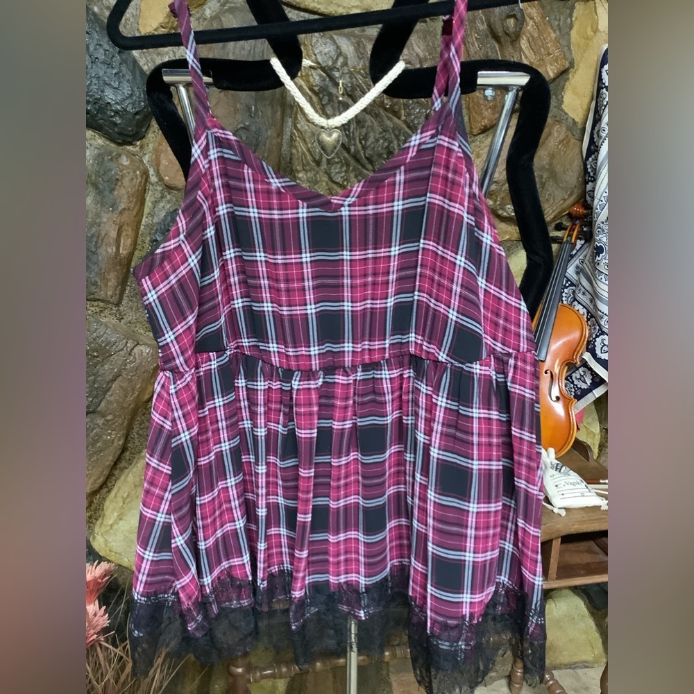 Plaid spaghetti top lined inside with lace trim on bottom